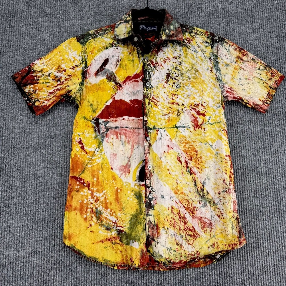 Vintage Scapulaire abstract art print button up shirt men's large loud cotton